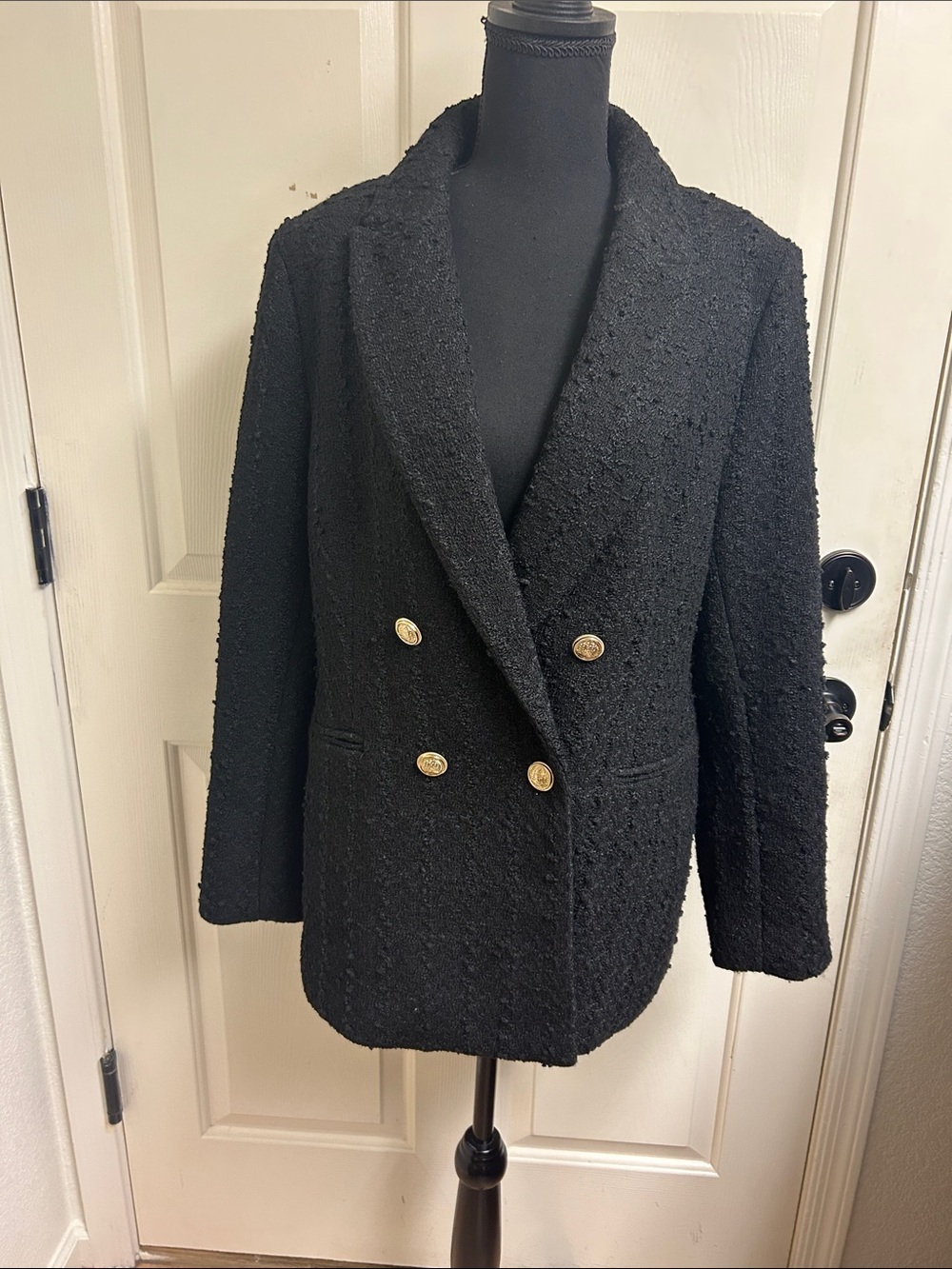 H&M Black Bouclé Double-Breasted Blazer with Gold Buttons, Size Medium, EUC